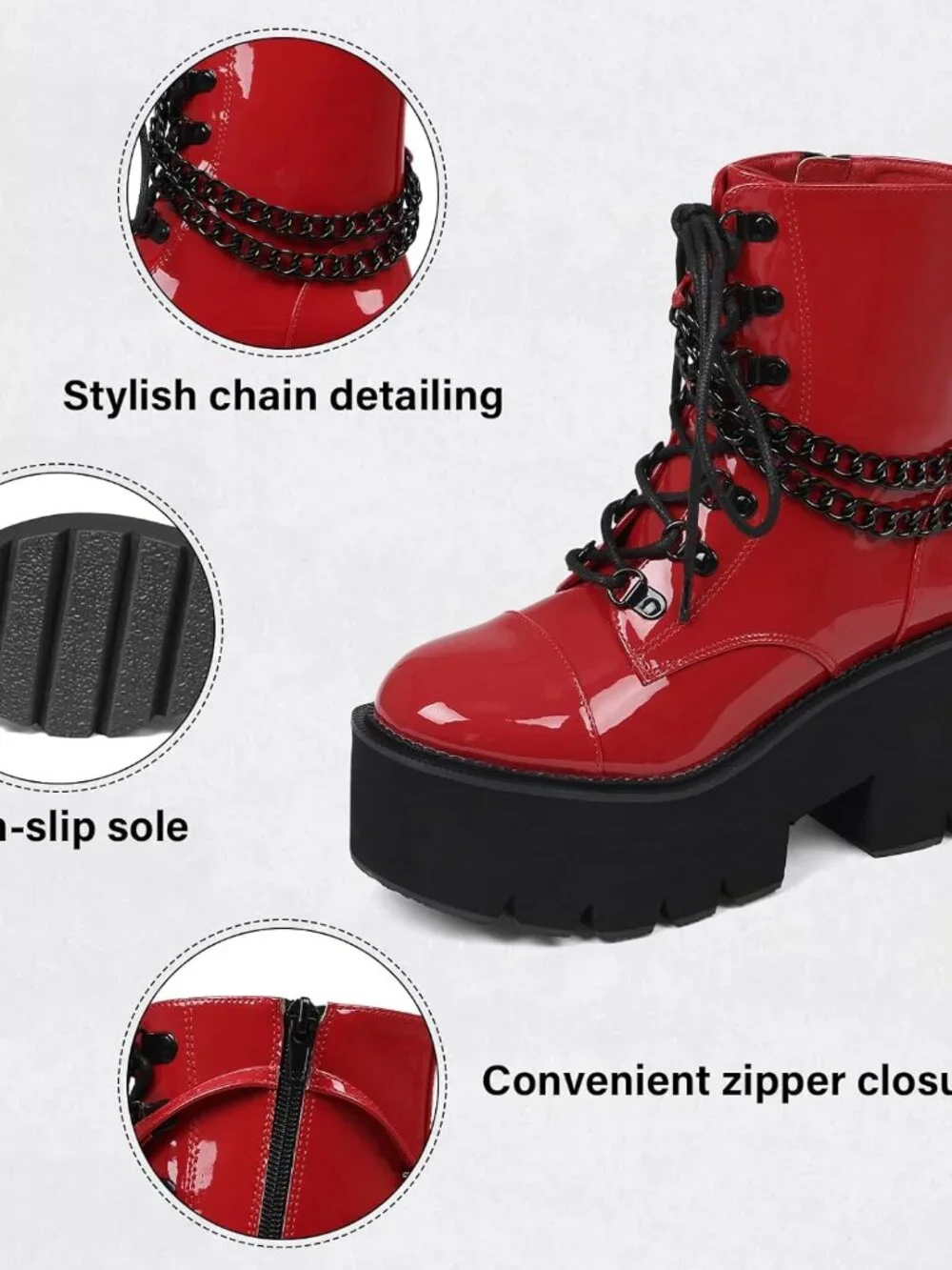 Women's Red Combat Chunky Wedge Heel Rave Goth Lace Up Zipper Shoes Booties - Picture 6 of 6